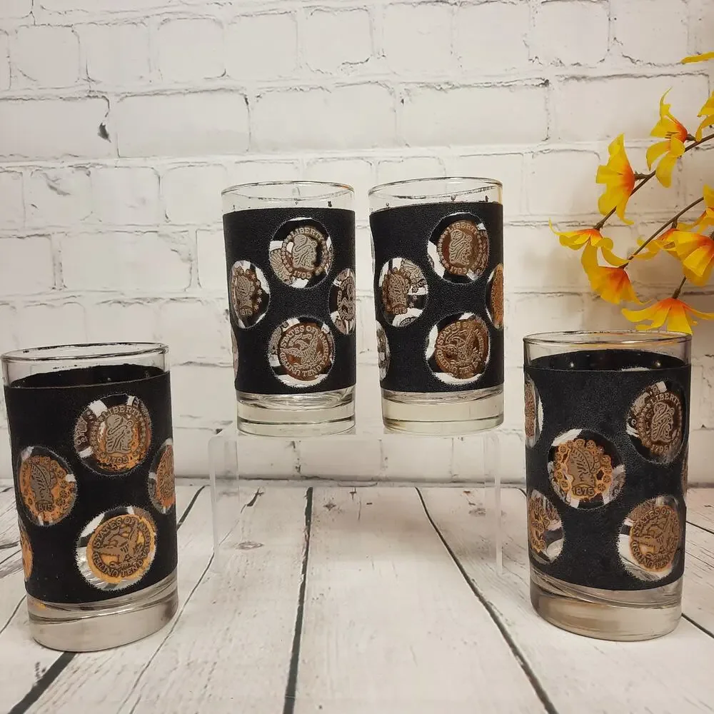 LIBBEY Coin Textured Highball Glasses Black & Gold Vintage Set of 4 Tumblers